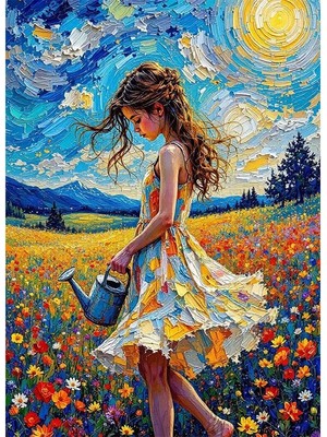 Bedeko Çiçek Sulayan Kız Yağlı Boya Görünümlü Mdf Ahşap Tablo