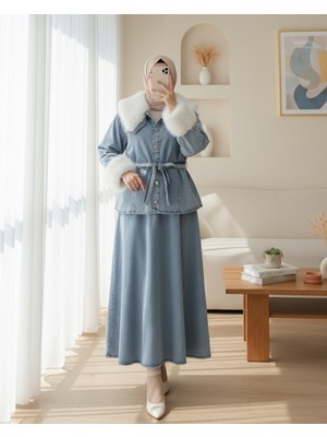 Modamorfo Yakası Ve Kolları Kürklü Beli Kuşaklı Bebe Yaka Kot Takım -Buz Mavi