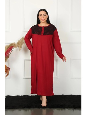 MTM My The Mall Kadın Büyük Beden Uzun Kol Dantelli Bordo Anne Gecelik