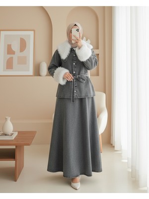 Modamorfo Yakası ve Kolları Kürklü Beli Kuşaklı Bebe Yaka Kot Takım -Füme