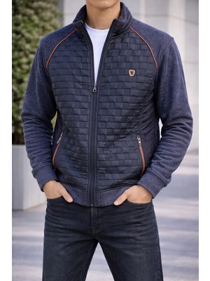 İnce Moda Giyim Erkek Lacivert Kapitone Detaylı Fermuarlı Triko Mont