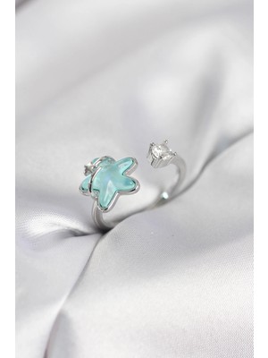 Bilfold Gümüş Renk Turkuaz Yıldız Model Kadın Yüzük