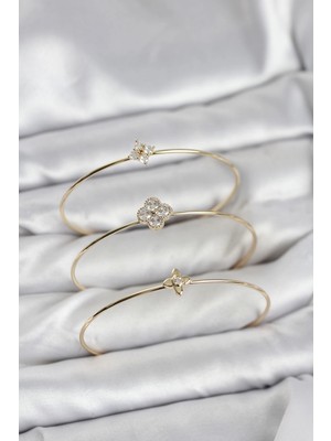 Bilfold Zirkon Taşlı Gold Renk Yonca Tasarım 3'lü Kadın Bileklik Kombini