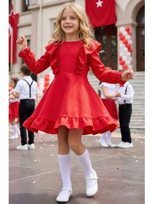 Parla Kids Kız Çocuk Catherine Kırmızı Fiyonklu Fırfırlı Uzun Kol Keten 23 Nisan 29 Ekim Gösteri Kıyafeti