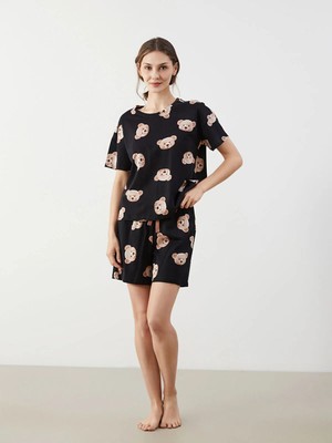 Lc Waikiki Yeni Sezon Bisiklet Yaka Ayı Baskılı Kadın Şortlu Pijama Takımı