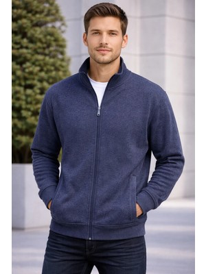 İnce Moda Giyim Erkek Lacivert Dik Yaka Fermuarlı Triko Sweatshirt