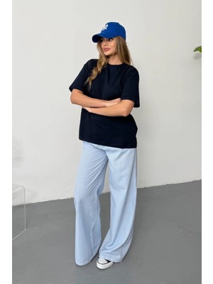 Giysa Kadın Bisiklet Yaka %100 Pamuklu Basic T-Shirt Lacivert - 26Y 26503