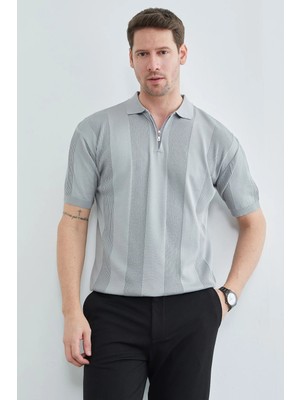 FullaModa Şeritli Yarım Fermuarlı Polo Yaka Triko Tişört