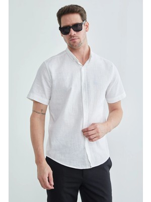 FullaModa Keten Görünümlü Kısa Kol Gömlek
