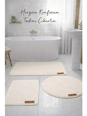 Flow Home 3’lü Peluş Banyo Paspası Kaymaz Tabanlı Yıkanabilir Lüks Yumuşak Klozet Takımı Krem Su Emici Halı