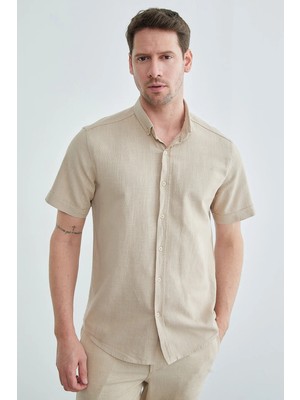 FullaModa Keten Görünümlü Kısa Kol Gömlek