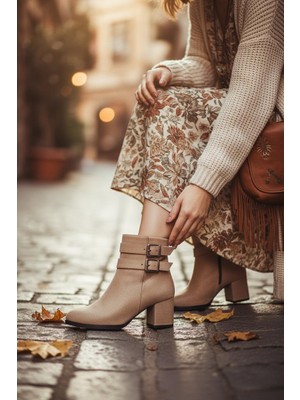 Marina Rosse Kadın Bej Süet Çift Toka Detaylı Kısa Bot