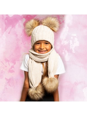 Baby Dora Bej Renkli Ponponlu Kız Çocuk Atkı & Bere Takım Sezonluk Kullanım İçin