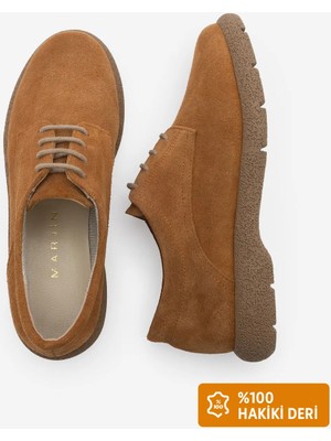 Marjin Kadın Deri Oxford Ayakkabı Bağcıklı Günlük Ayakkabı Alyen Taba Süet