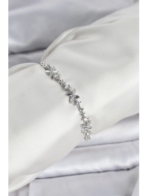 TE Dükkan Gümüş Renk Yonca Model Zirkon Taşlı Asansörlü Kadın Bileklik