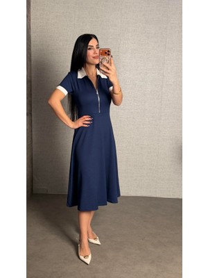 Kendim Fashion Kadın Polo Yaka Fermuar Detaylı Modal Midi Elbise