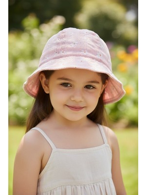 Aware Time Kitti Fötr Şapka 4-8 Yaş Kız Çocuklar İçin Pamuklu Pembe Çiçek Desenli