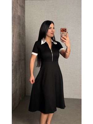 Arben Boutique Kadın Polo Yaka Fermuar Detaylı Modal Midi Elbise