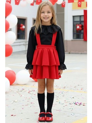 Parla Kids Kız Çocuk Helen Kırmızı Askılı Jile 29 Ekim 23 Nisan Gösteri Kıyafeti Siyah Dantel Uzun Kollu Bluz Abiye Takım