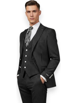 HERMOSE Sartorial | Onyx Siyah Çizgili Yelekli Takım Elbise