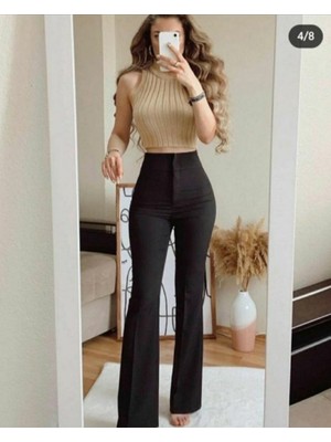 Gökyüzü Moda Kadın Yüksek Bel Ispanyol Paça Atlas Kumaş Pantolon