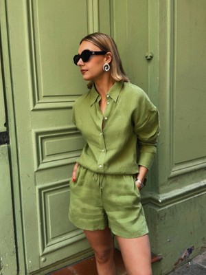 Arben Boutique Kadın Uzun Kollu Salaş Gömlek ve Şort Keten Ikili Takım