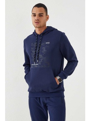 Tommy Life İndigo Kamuflaj Desen Baskılı Standart Kalıp Kapüşonlu Erkek Sweatshirt - 87884