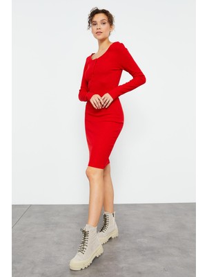 Tommy Life Kırmızı Kaşkorse Triko Dar Kalıp Patlı Yaka Kadın Elbise - 97116
