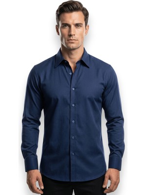 Hermose Lacivert Dokulu Modern Fit Erkek Gömlek