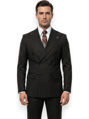 HERMOSE Sartorial | Onyx Siyah Terakota Çizgili Kruvaze Takım Elbise