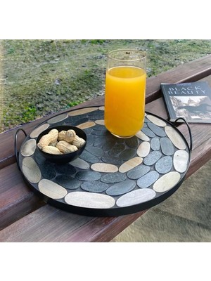 Noldecoration Yuvarlak Çap 30CM El Yapımı Naturel Taş Mozaik Bezeli Antipas Metal Iç ve Dış Mekana Uygun Çok Amaçlı Dekoratif Sunum Tepsisi