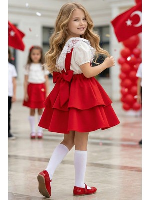 Parla Kids Kız Çocuk Helen Kırmızı Askılı Jile 23 Nisan 29 Ekim Elbise Gösteri Kıyafeti Ekru Dantel Kısa Kollu Bluz Abiye Takım
