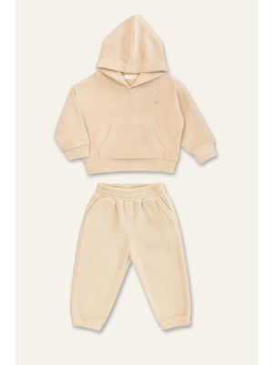 Mininio Unisex Çocuk Kapşonlu Kanguru Cepli Polar Ikili Takım - Bej