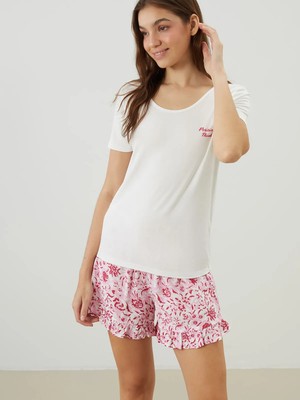 Lc Waikiki Yeni Sezon Bisiklet Yaka Baskılı Kadın Şortlu Pijama Takımı