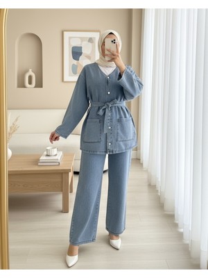 Modamorfo Önü Düğmeli Çİft Cepli Kuşaklı Kot Takım  -Buz Mavi