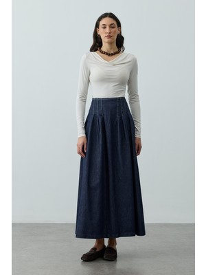 Fahhar Pileli Maxi Denim Etek Lacivert