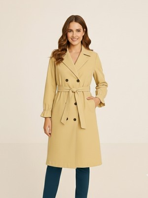 La Fien Kruvaze Yaka Kuşaklı, Çift Düğmeli, Manşet Büzgülü Kadın Trençkot