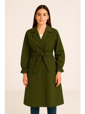La Fien Kruvaze Yaka Kuşaklı, Çift Düğmeli, Manşet Büzgülü Kadın Trençkot