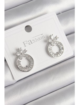 Luz&Pos Pirinç Gümüş Renk Zirkon Taşlı Halka Model Çiçek Figür Kadın Küpe