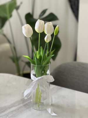 Aslan Express Yapay Lale Islak Dokulu - Premium - Beyaz - Tek Demet 5 Kafa - 42 cm