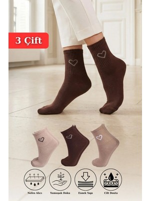 1100 3'lü Kalp Detay Tenis Yarım Konç Çorap Vizon-Taş-Kahve
