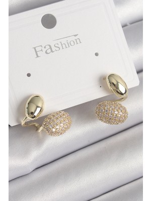 Luz&Pos Pirinç Gold Renk Zirkon Taşlı Bombeli Model Kadın Küpe