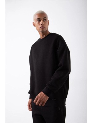 Luz&Pos Erkek Biskilet Yaka Üç Iplik Sweatshirt - Siyah