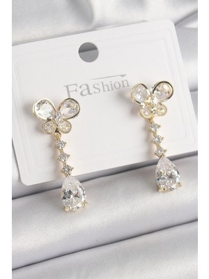 Luz&Pos Pirinç Gold Renk Zirkon Taşlı Kelebek Model Sallantı Damla Zirkon Taş Kadın Küpe