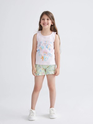 Lc Waikiki Yeni Sezon Bisiklet Yaka Baskılı Kız Çocuk Şortlu Pijama Takımı