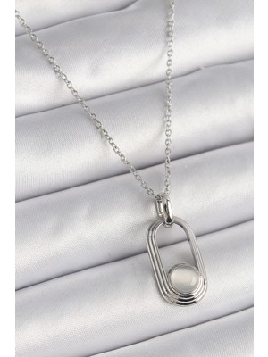 Luz&Pos 316L Çelik Gümüş Renk Zincir Beyaz Kedi Göz Model Kadın Kolye