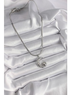 Luz&Pos 316L Çelik Gümüş Renk Italyan Zincir Zirkon Taşlı Halil Figür Kalp Detay Kadın Kolye