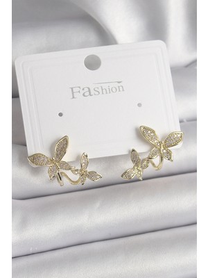 Luz&Pos Pirinç Gold Renk Zirkon Taşlı Kelebek Model Kadın Küpe