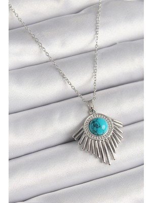 Luz&Pos 316L Çelik Gümüş Renk Zincir Mavi Boncuklu Zirkon Taşlı Kadın Kolye