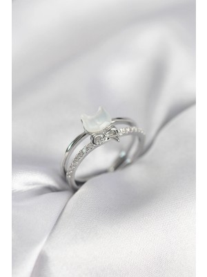 Depozee Gümüş Renk Sedefli Kedi Model Fiyonklu Zirkon Taşlı Kadın Yüzük